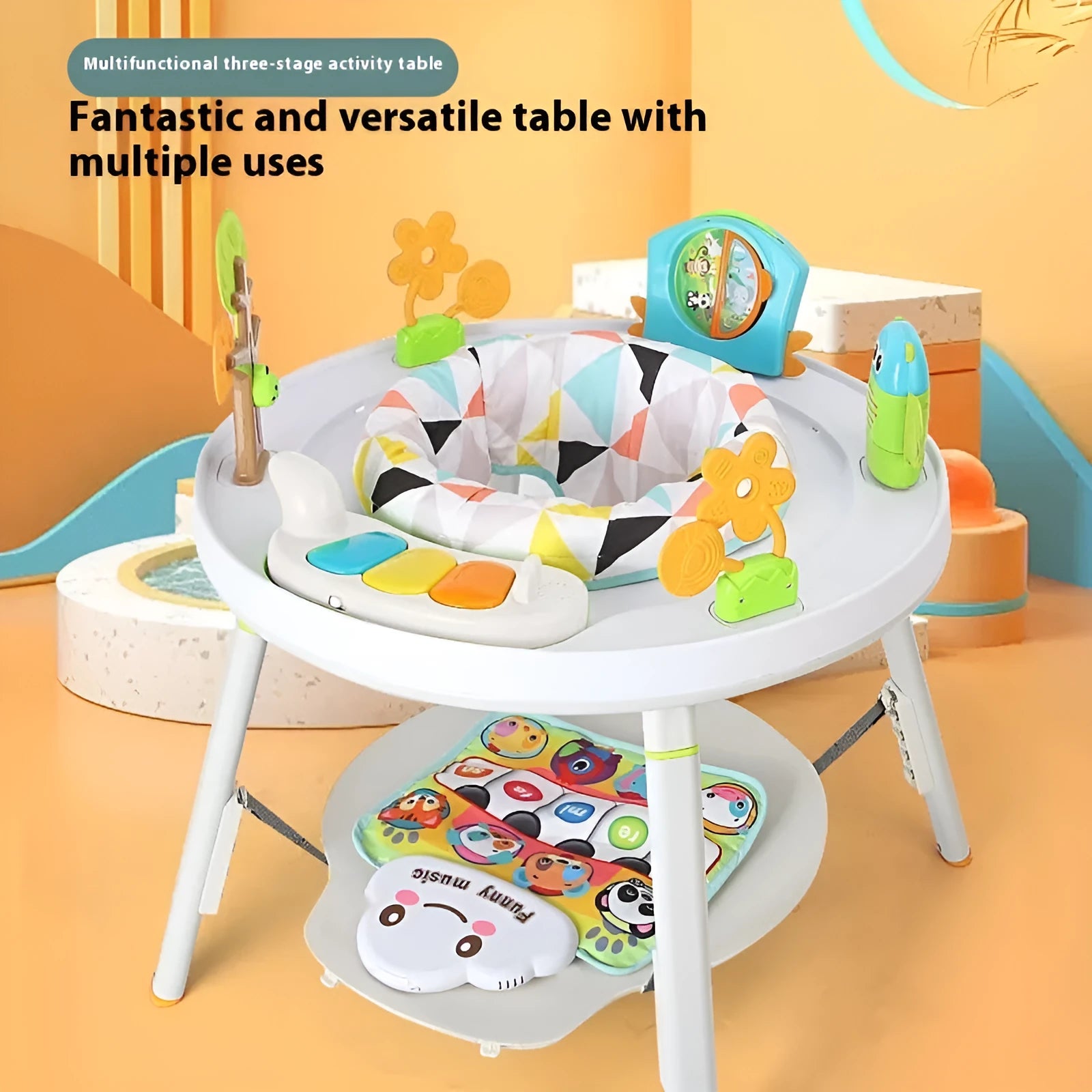 Baby jumping chair with three functions: bouncing, gymnastic rack, and developmental training stations