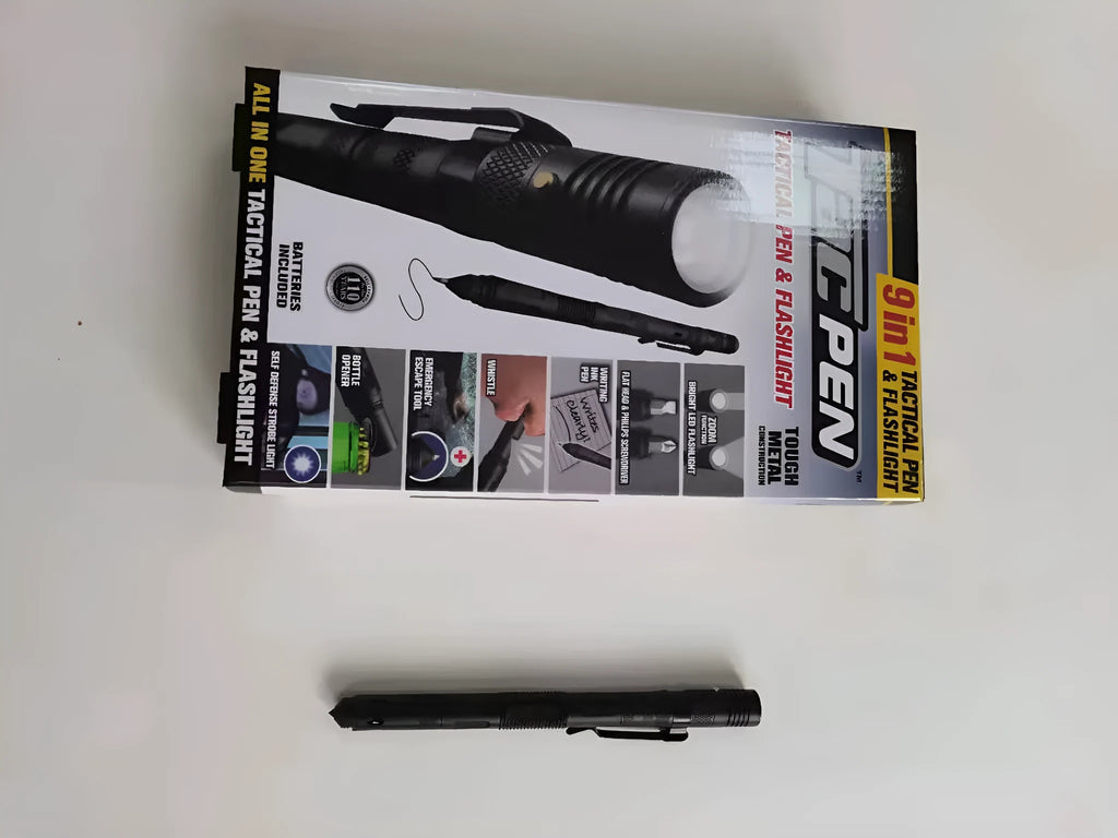 Black nine-in-one multi-function flashlight car window breaker survival pen