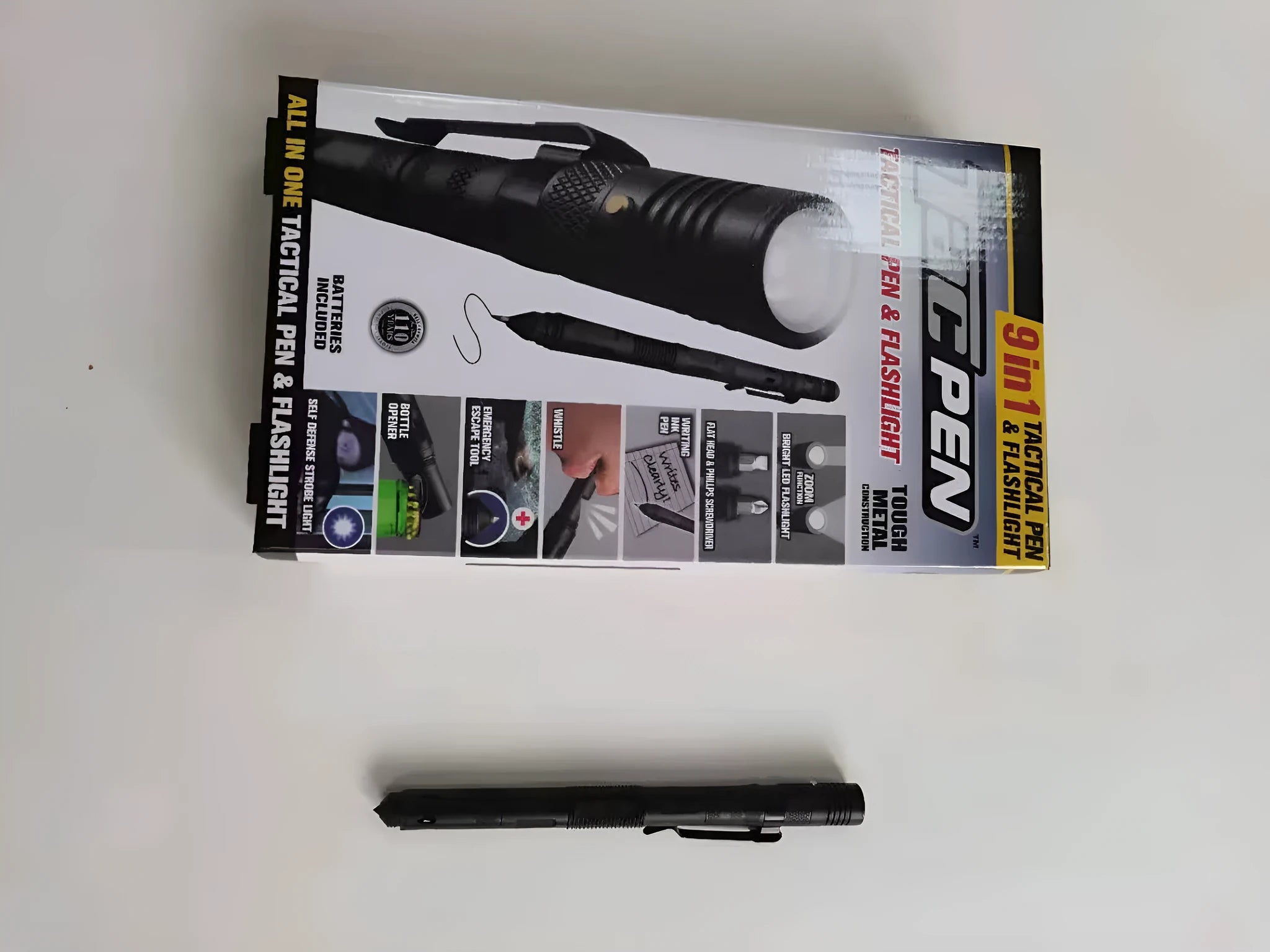 Black nine-in-one multi-function flashlight car window breaker survival pen