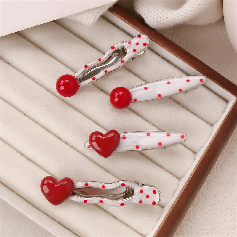 Red three-dimensional love heart hair clip with French dots and willow leaf decoration