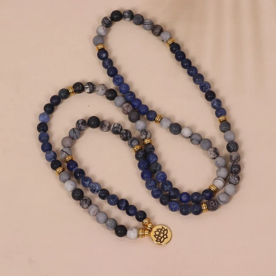 Blue multi layer alloy bracelet with patterned network stone beads in natural style