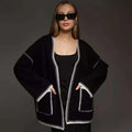 Loose lace-up knitted cardigan sweater coat in imitation cashmere, shown in camel colour