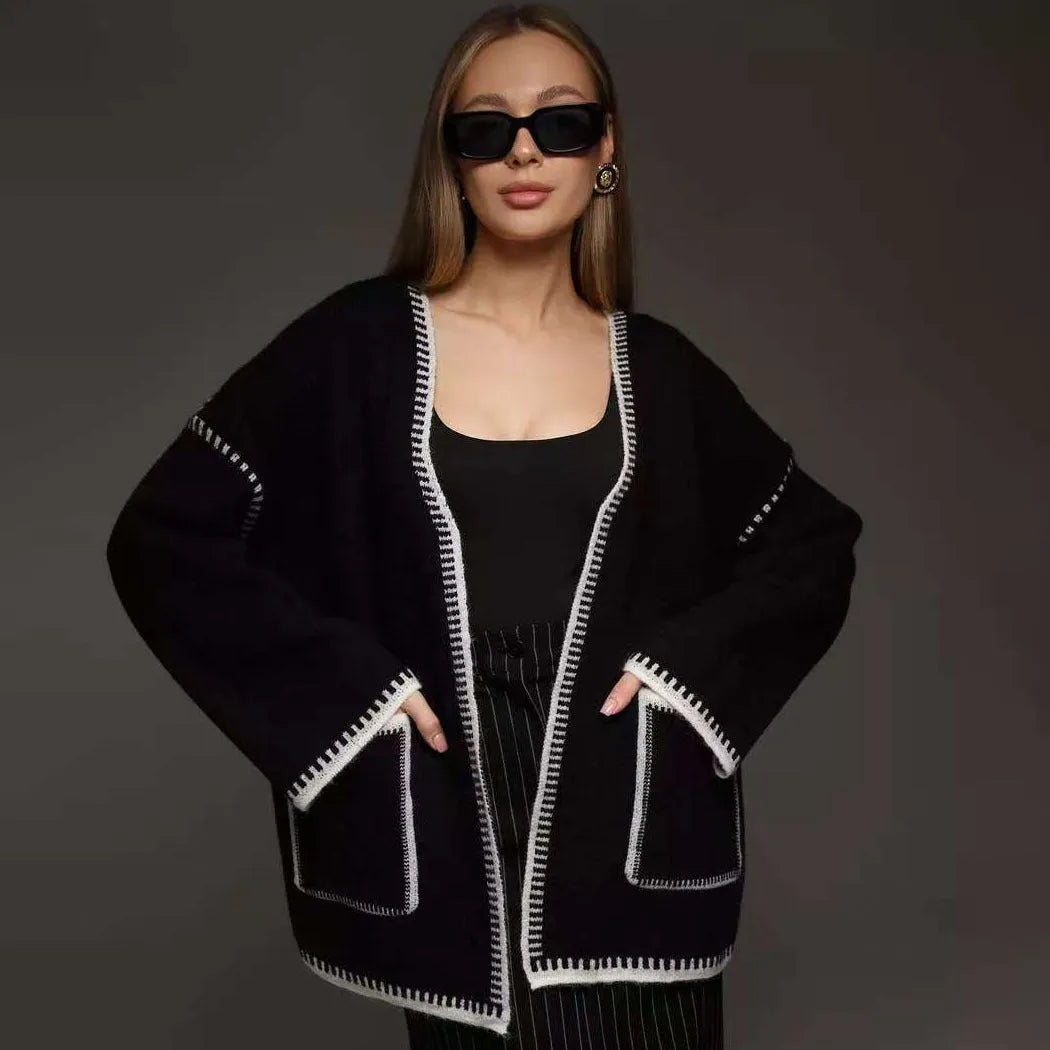Loose lace-up knitted cardigan sweater coat in imitation cashmere, shown in camel colour