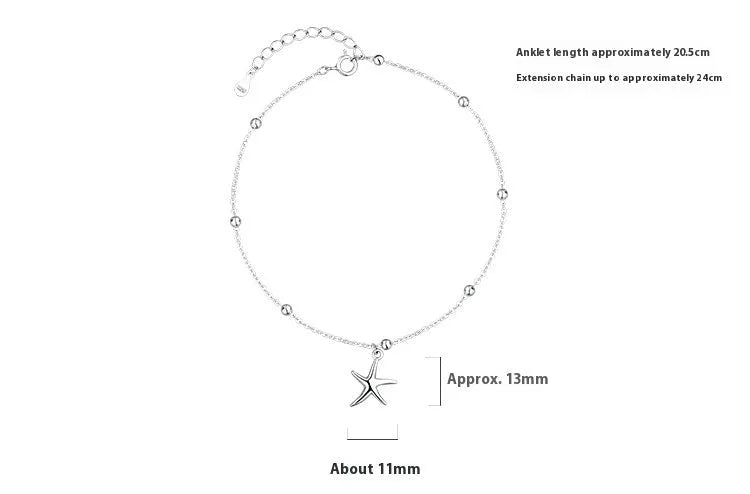 Sterling silver starfish anklet with round beads for women