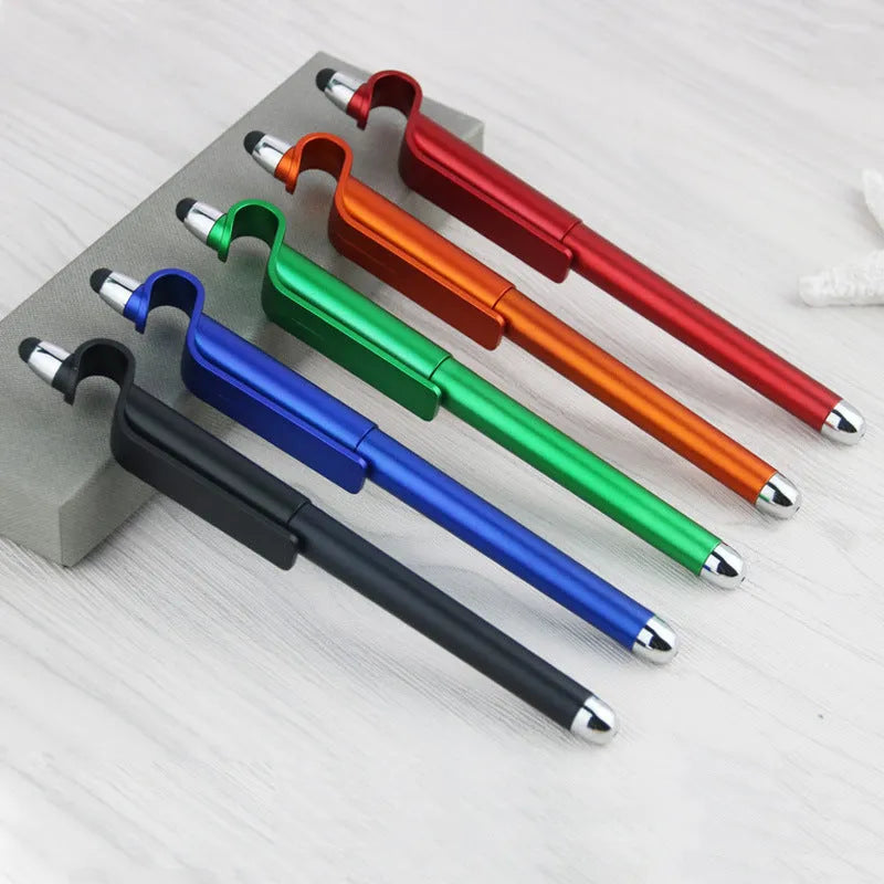 Black and blue multifunctional pen with touchscreen stylus tip and built-in mobile phone holder.