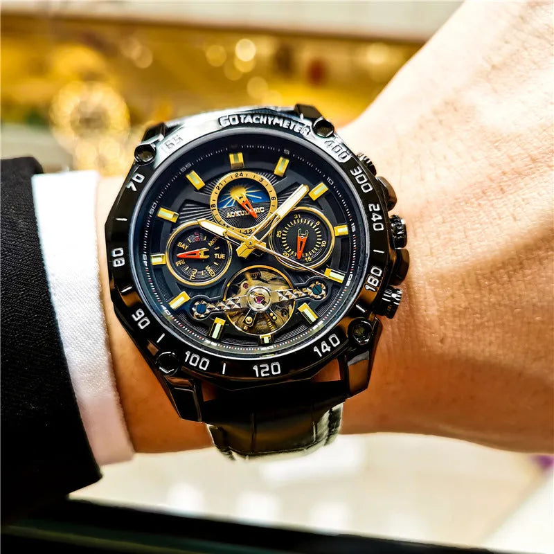 Men's automatic mechanical watch with a 12mm steel case on wrist, showing black dial and black case option.