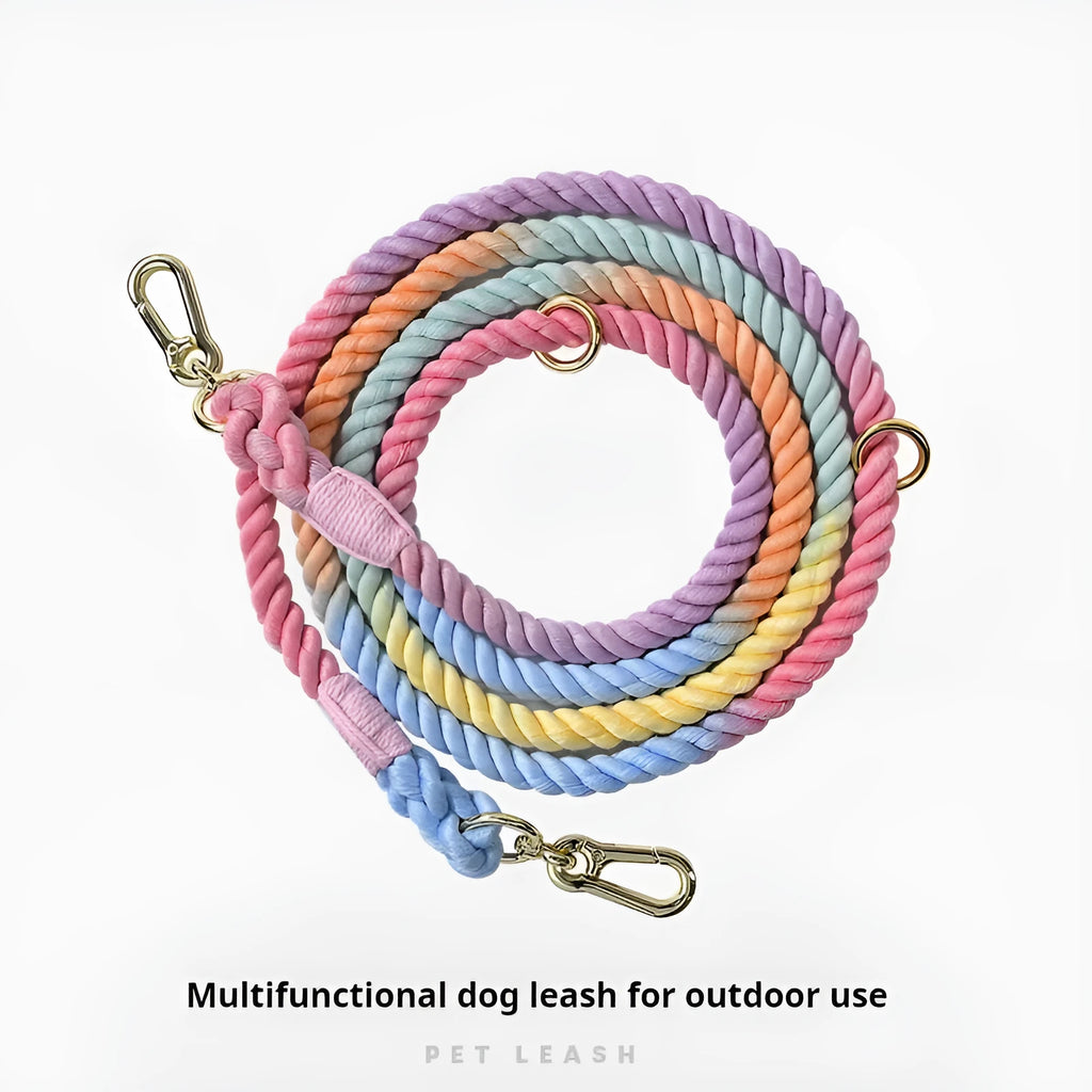Woven rainbow double head dog leash with silver fittings in various colour options