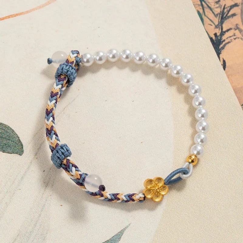 Peach coloured adjustable cord bracelet with Chinese flower weaving and sterling silver chalcedony accents