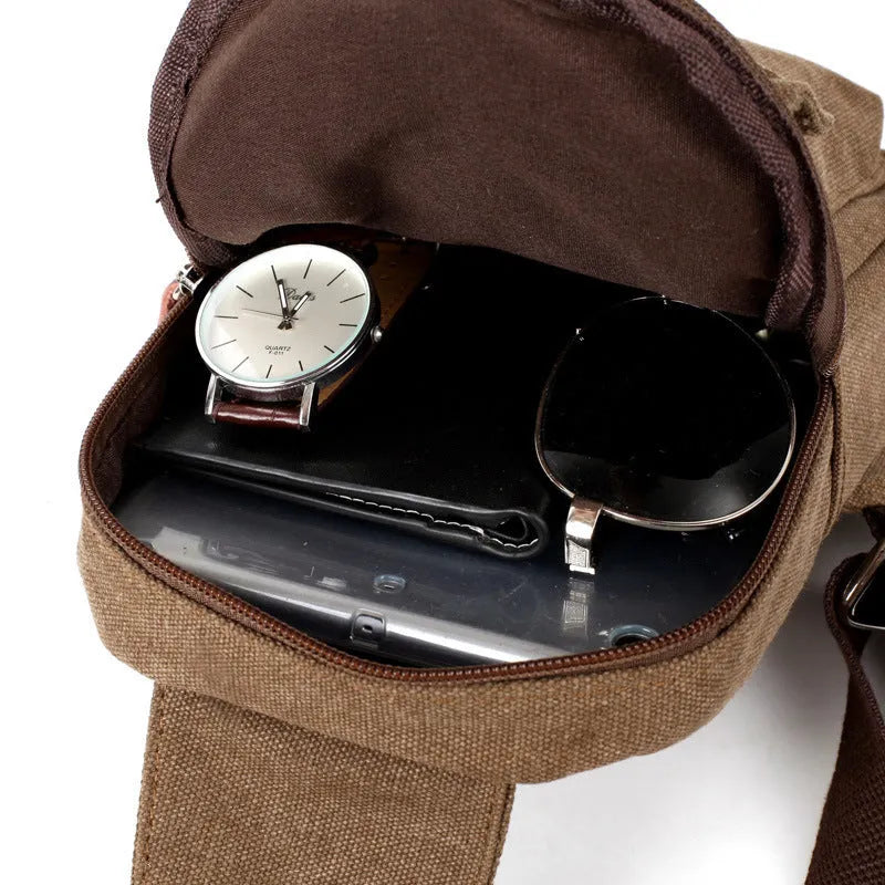 Canvas chest bag small backpack for men with camera pocket and belt decoration in brown colour
