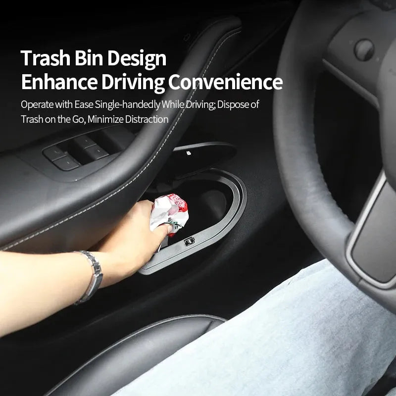 Two black ABS plastic car door trash cans for Tesla Model Y front doors