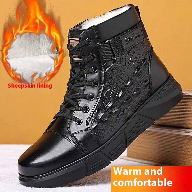 Genuine leather snow boots with fur lining in black or brown velvet colours with rubber soles