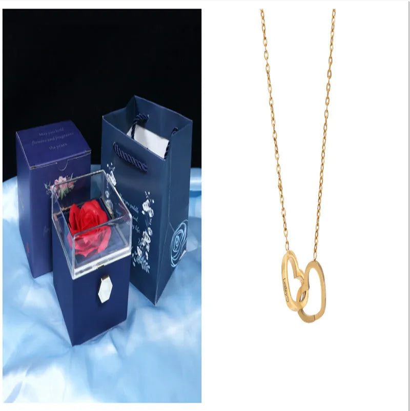 Rotating soap flower rose gift box with transparent acrylic cover showing preserved rose and jewellery drawer