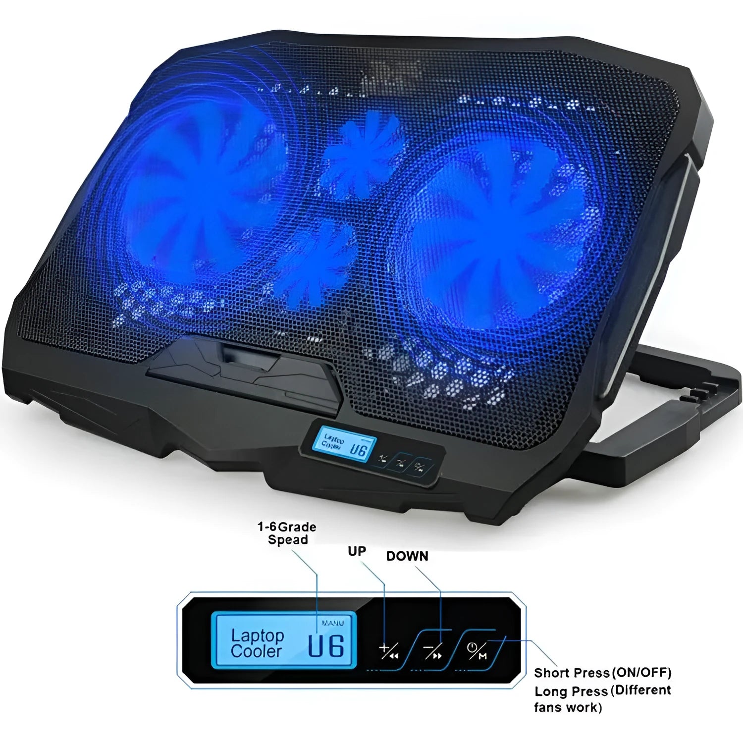Black universal laptop cooling pad with copper heat pipes and dual USB ports