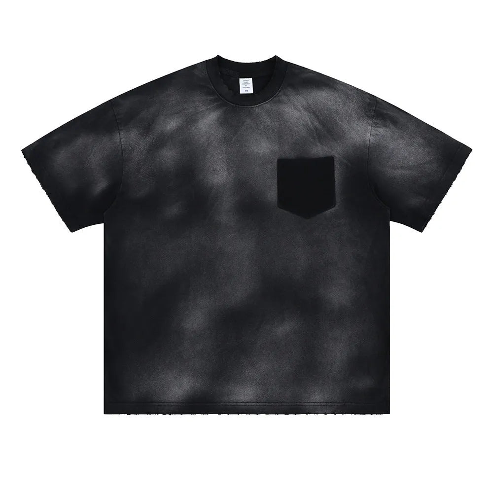 Black men's loose fit cotton T-shirt with printed letter pattern and drop-shoulder short sleeves