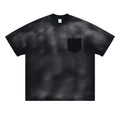 Black men's loose fit cotton T-shirt with printed letter pattern and drop-shoulder short sleeves