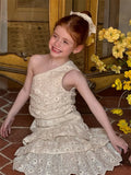 Girls' milky white cotton summer dress set with floral embroidery and oblique shoulder strap, sleeveless cake dress