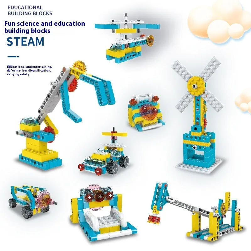 3-in-1 mechanical gear building block set showing multiple model options in colour box packaging