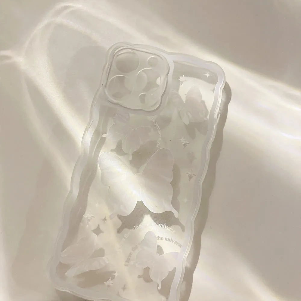 Transparent white crystal butterfly TPU phone case for iPhone 12 to 15 models, painted design