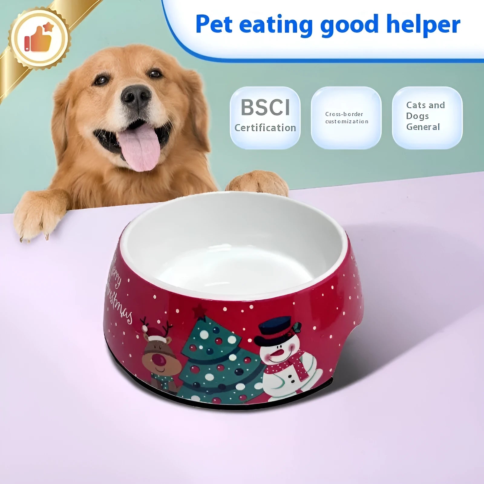 Red Christmas pet bowl with stainless steel double-layer construction in three size options for dogs and cats