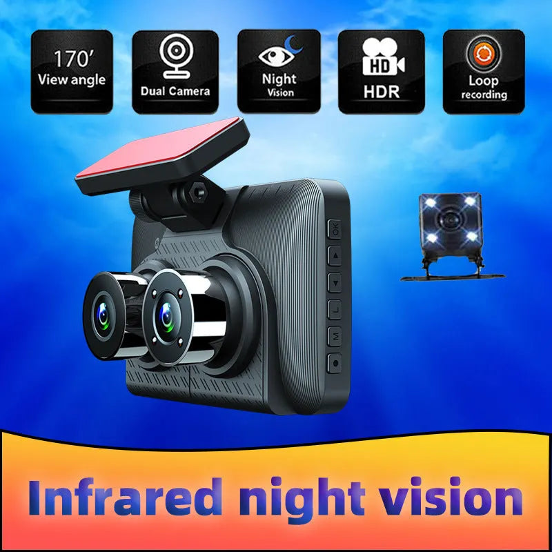 Black 4-inch touch screen car dash cam with wide-angle lens for front and back recording
