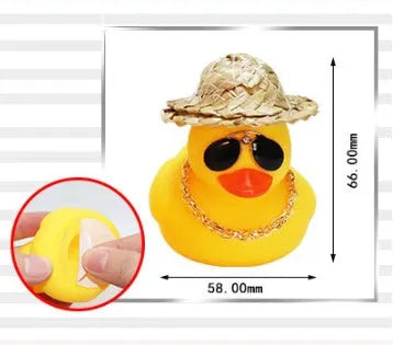 Straw hat yellow duck car dashboard ornament with sunglasses accessory on matte finish