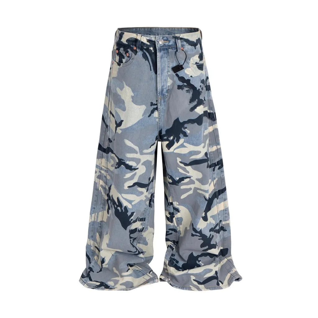 Snow camouflage blue jeans showing mid-waist design and loose fit trousers