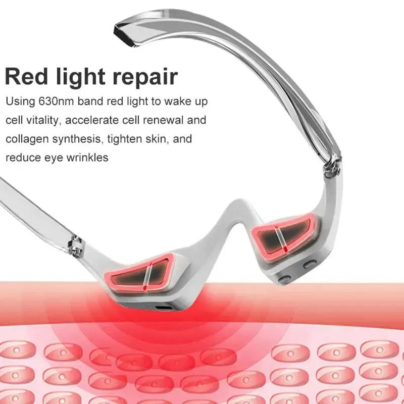 Pink and white 3D micro-current eye massager with glasses-style design on a stand.