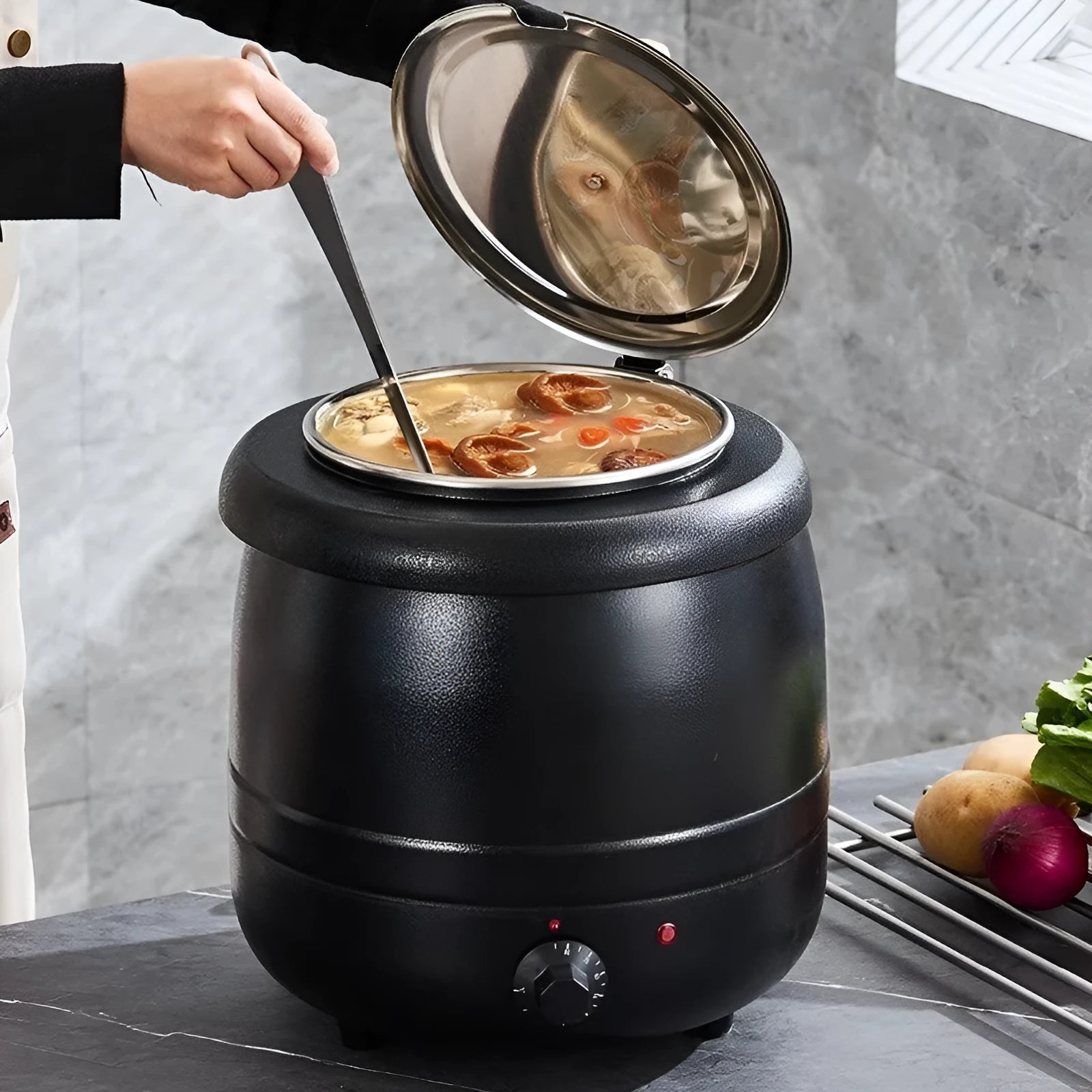 Black 10 litre stainless steel insulation soup pot with steel cover and electric heating plug