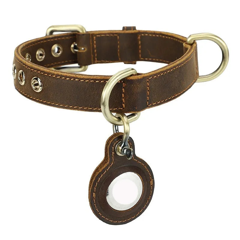 Brown handmade retro double-sided cowhide dog collar showing leather texture and halter positioning design