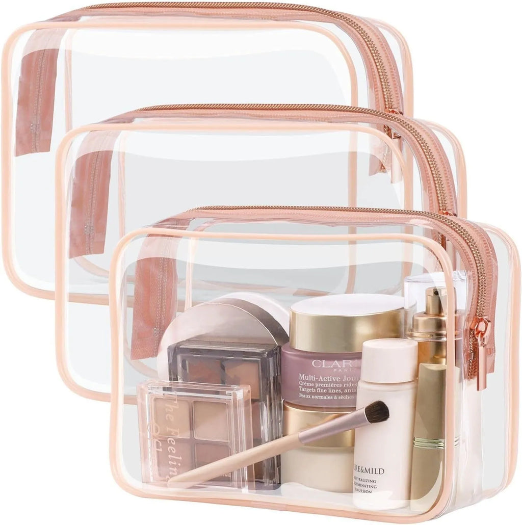 Transparent PVC makeup bag in black, pink or white colours with customisable logo option