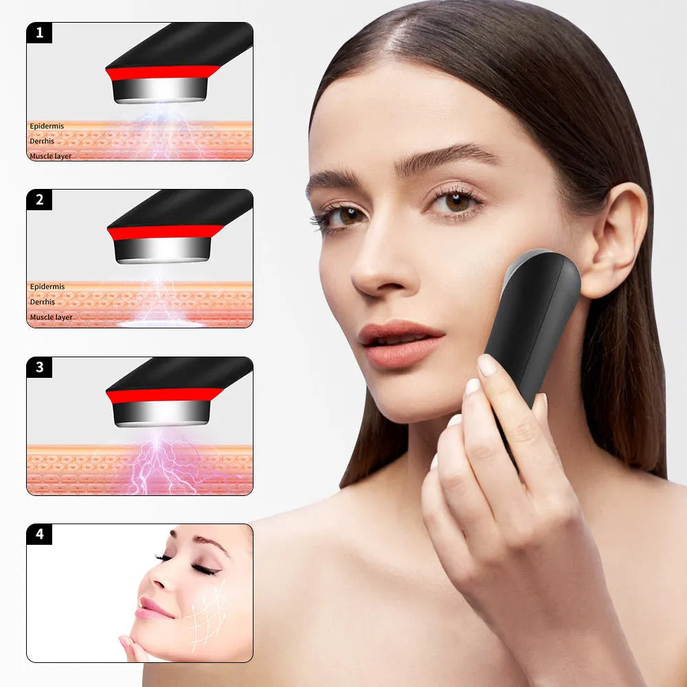Black 7 colour light vibration therapy massager for eyes and face on a plain background.