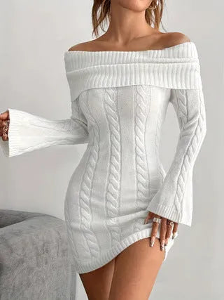 Women's loose polyester sweater dress with boat neck and flared sleeves in a casual ribbed knit finish