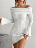 Women's loose polyester sweater dress with boat neck and flared sleeves in a casual ribbed knit finish