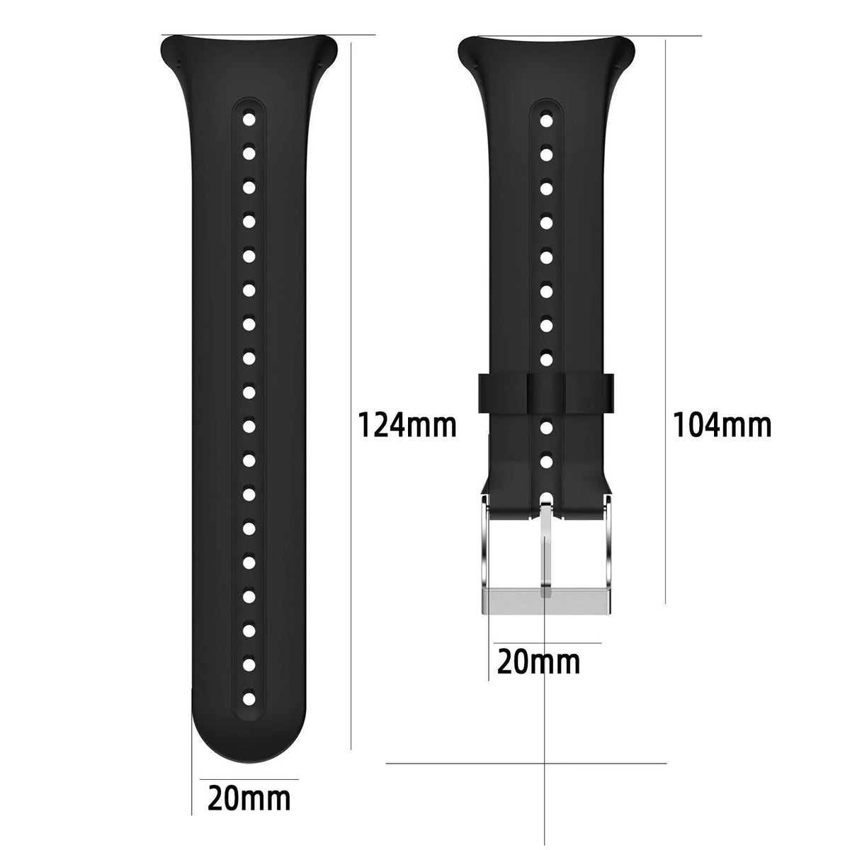 Black silicone swim watch strap with 124mm long belt and 104mm short lace, sports style replacement band