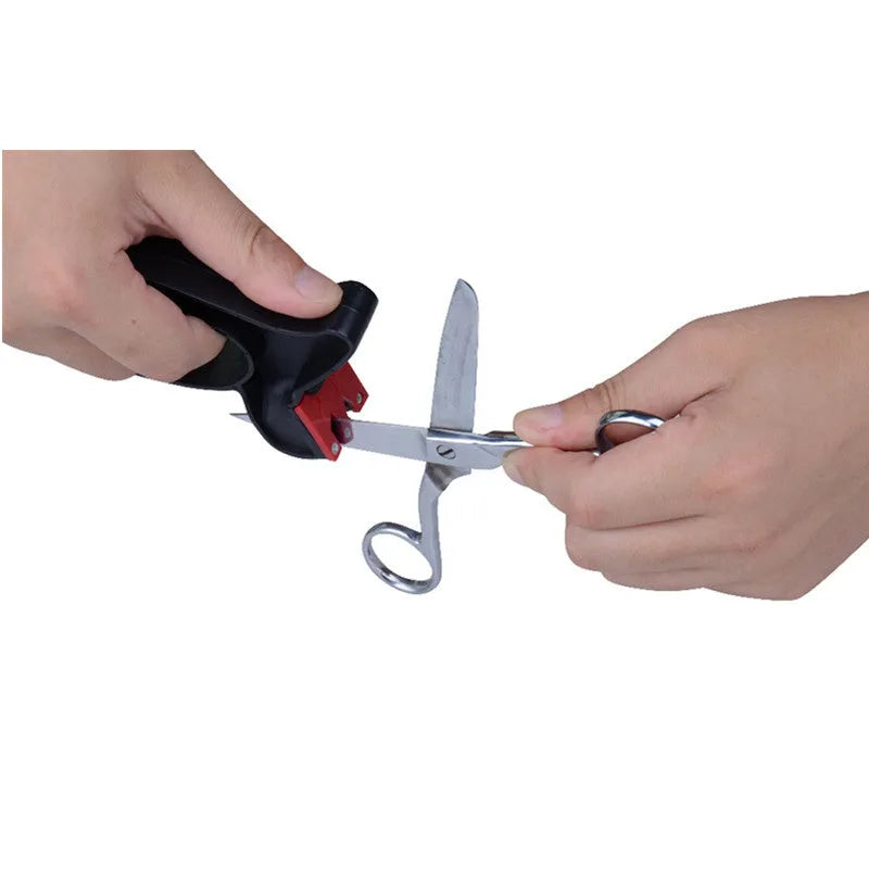 Black handheld knife and scissor sharpener with a tungsten steel blade