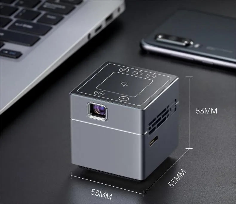 Small portable HD projector with wireless hand connection and 3400mAh battery for outdoor camping