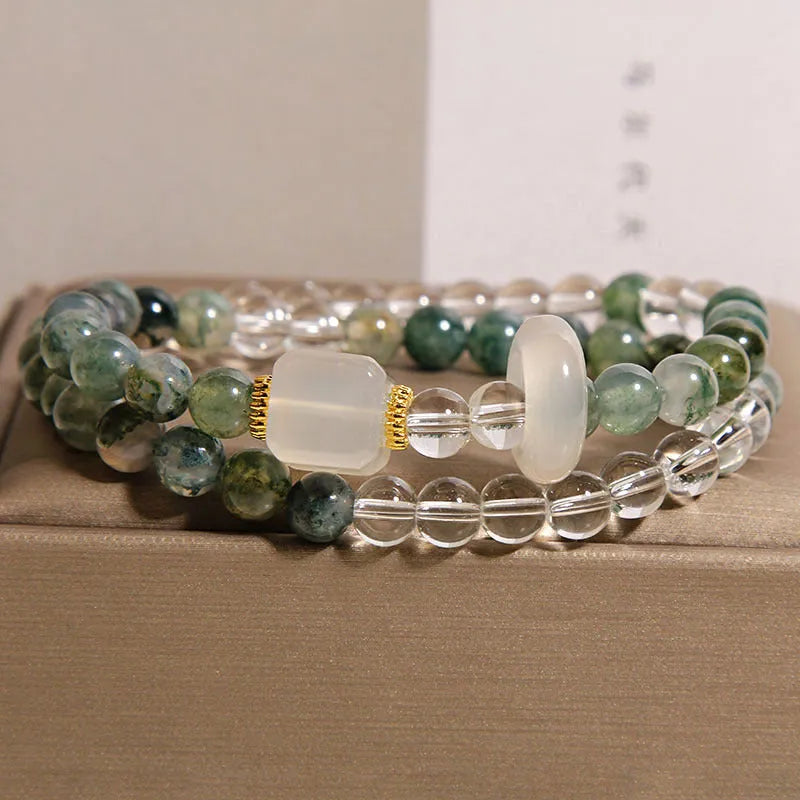 Green grass agate crystal bracelet with white agate cube sugar beads on a flexible ring