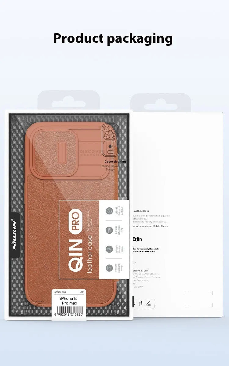 Imitation leather flip phone case for iPhone 15 series in black, brown, and red colours