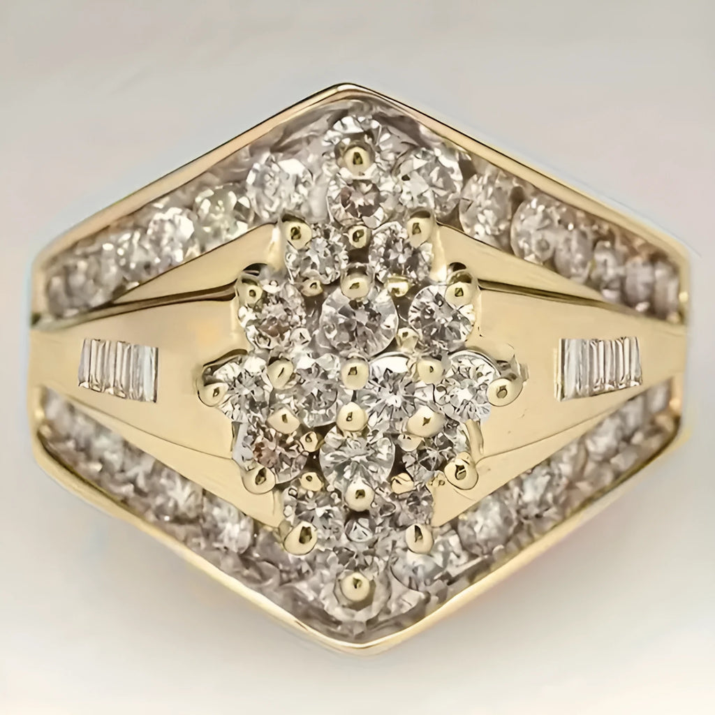 Gold electroplated heavy industry ring with geometric palace style design on copper