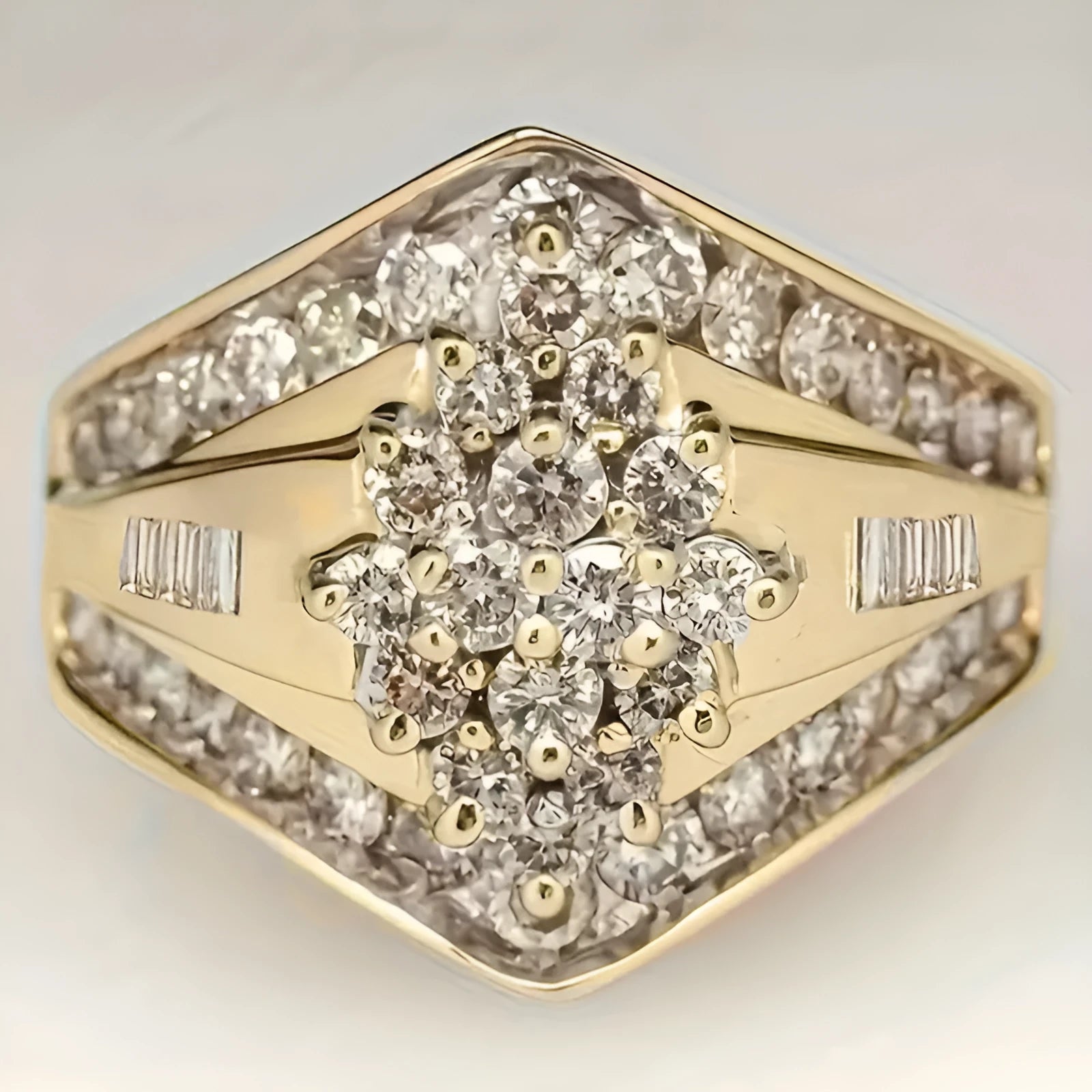 Gold electroplated heavy industry ring with geometric palace style design on copper