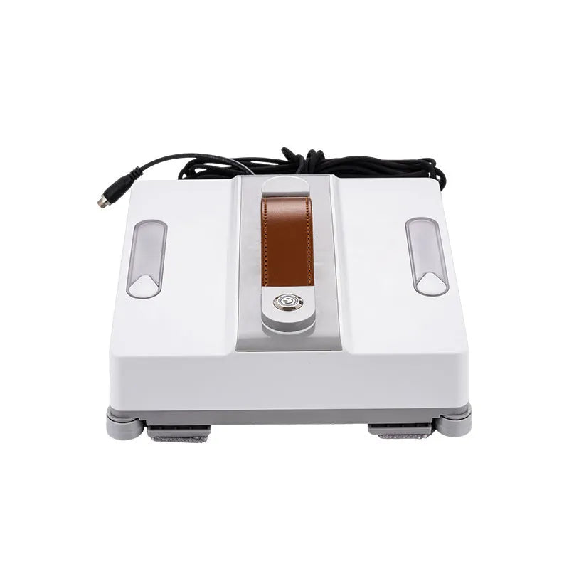 White intelligent window cleaning robot for automated high-rise window washing.