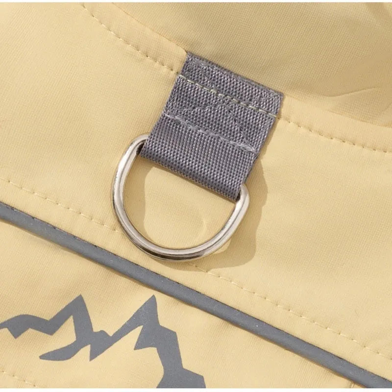 Xidao Di two-legged dog windbreaker coat in sunny yellow-blue colour on a small dog, with adjustable drawstring and D-ring.