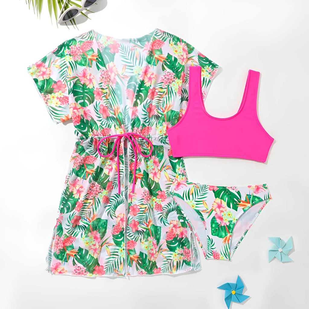 Girls' floral pattern two-piece swimsuit with polyester fabric in briefs style
