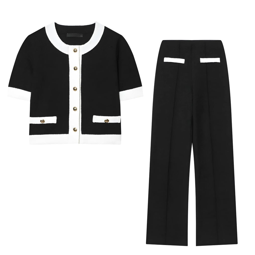 Women's casual two-piece suit set with beaded leather detail on top and high-waisted trousers.