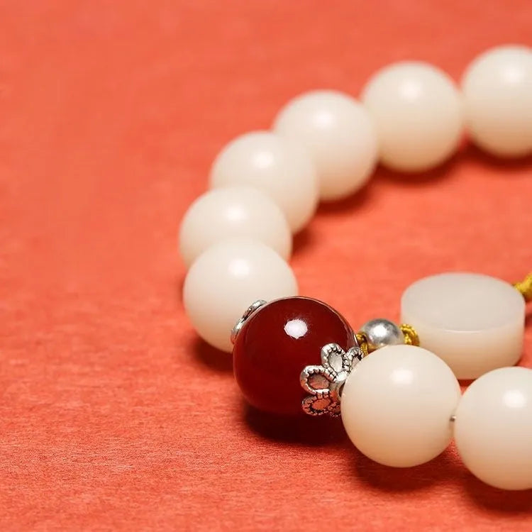 Handcrafted white jade Bodhi couple bracelet with 10mm beads and Ruyi element