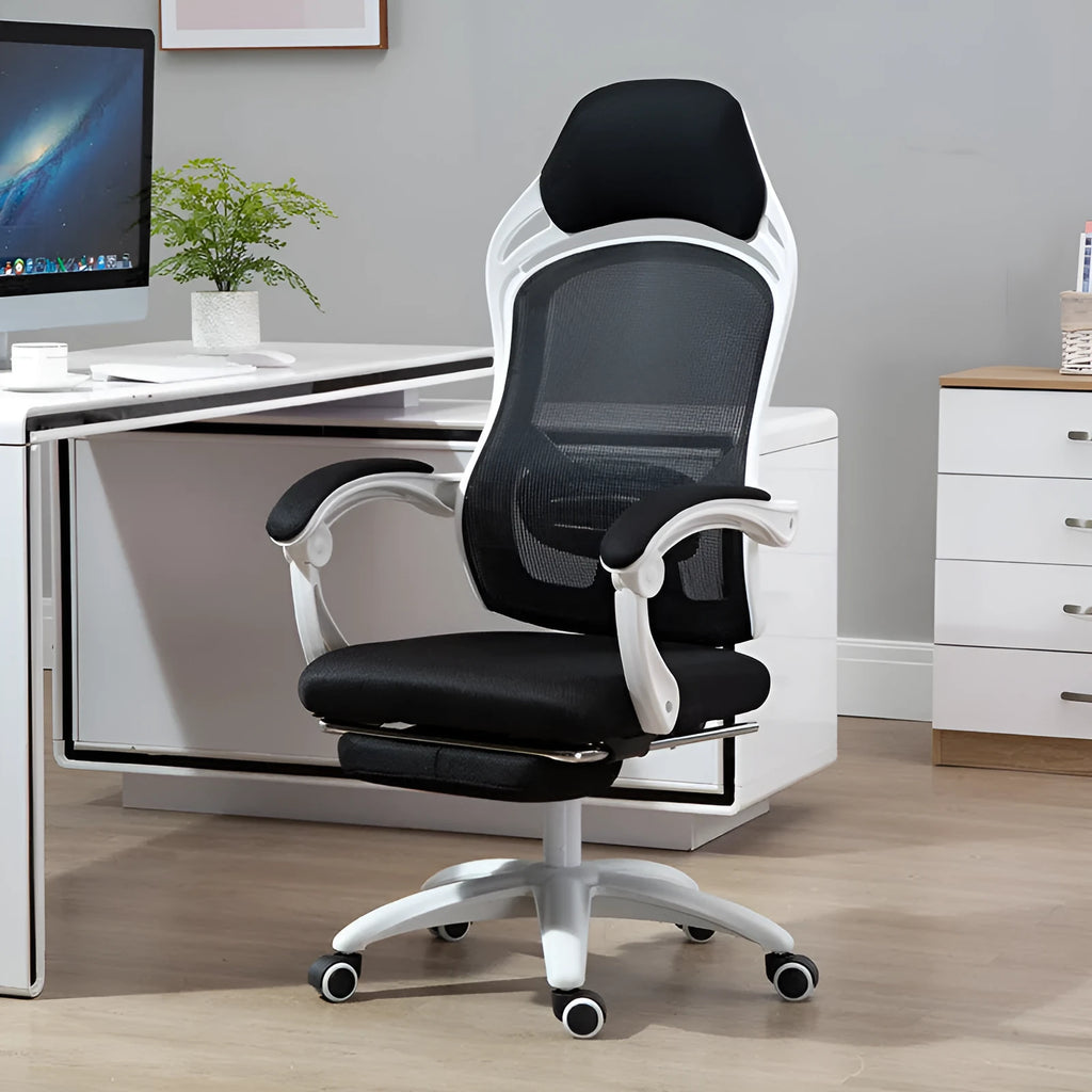 Ergonomic black computer gaming chair with linkage armrests and adjustable height mechanism