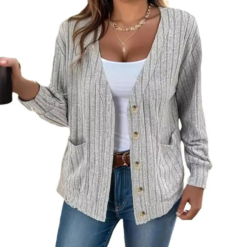 Light gray loose fit V-neck cardigan for women with button front and long sleeves