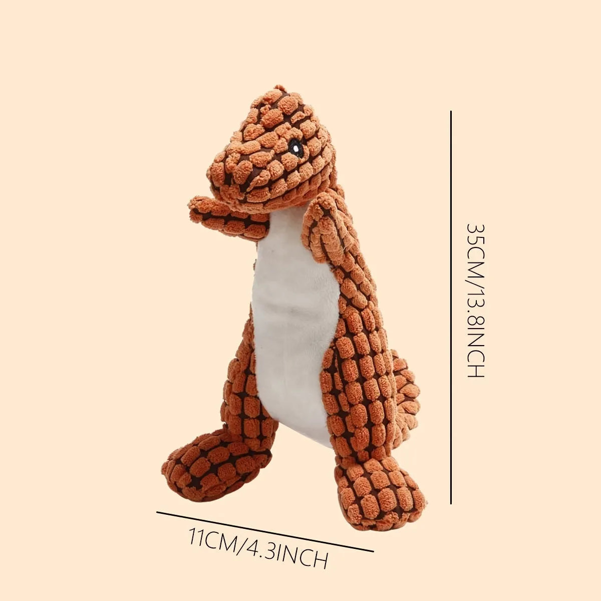 Grey, green, and orange dog chew toy with sound, measuring 35 cm long, for bite-resistant chewing.