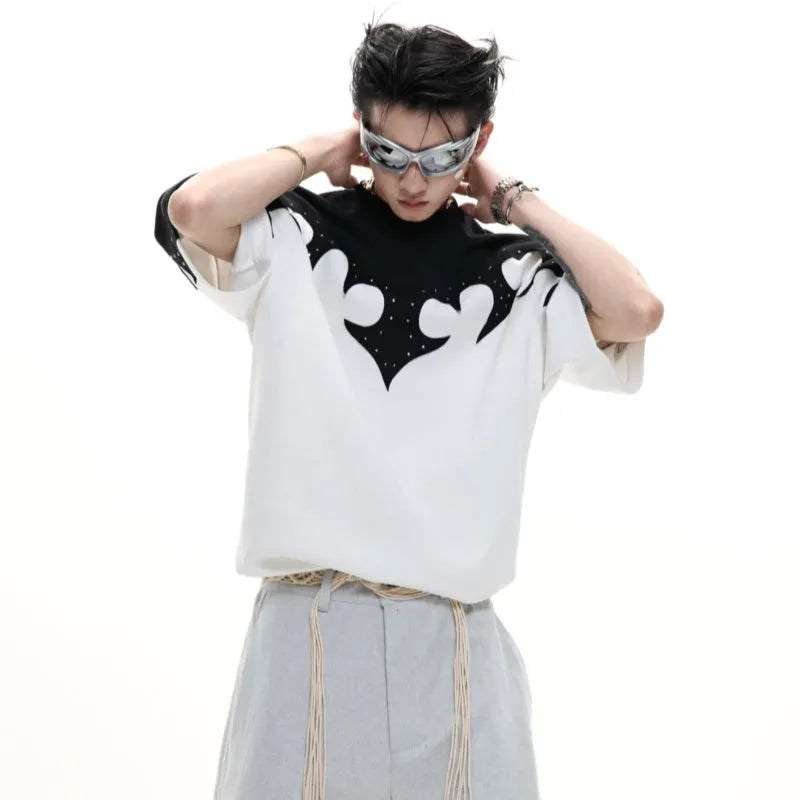 Men's grey cotton shirt with a raised burnt flower pattern and rhinestone decoration on the front.