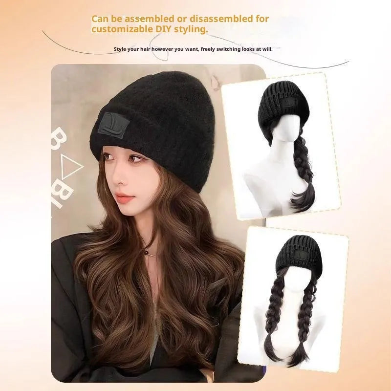 Hat wig for big heads with big wave style in brown black colour, protein filament material